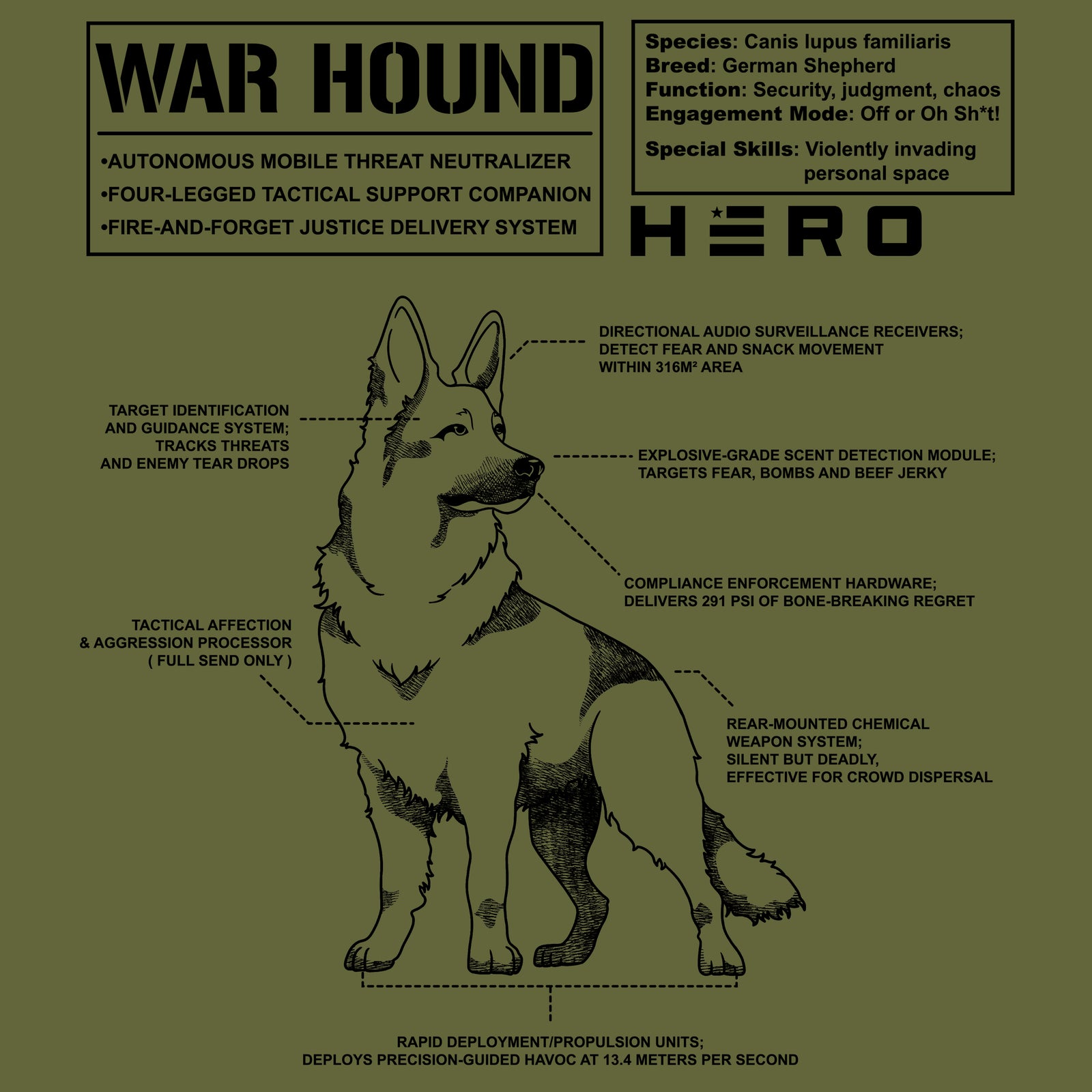 Hero Company Men's War Hounds Military Green Tee - Helps Pair Veterans With A Service Dog or Shelter Dog