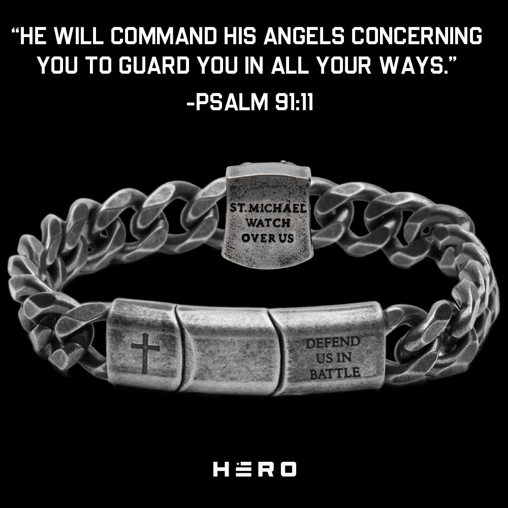 FREE St. Michael's 'Protect Us' Cuban Link Bracelet with Purchase of Saint Michael Defend Us In Battle Tee - Helps Pair Veterans With A Service Dog or Shelter Dog