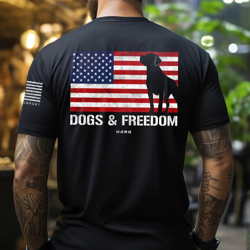 Hero Company American Flag Dogs & Freedom Black Tee: Helps Pair Veterans With A Service Dog or Shelter Dog