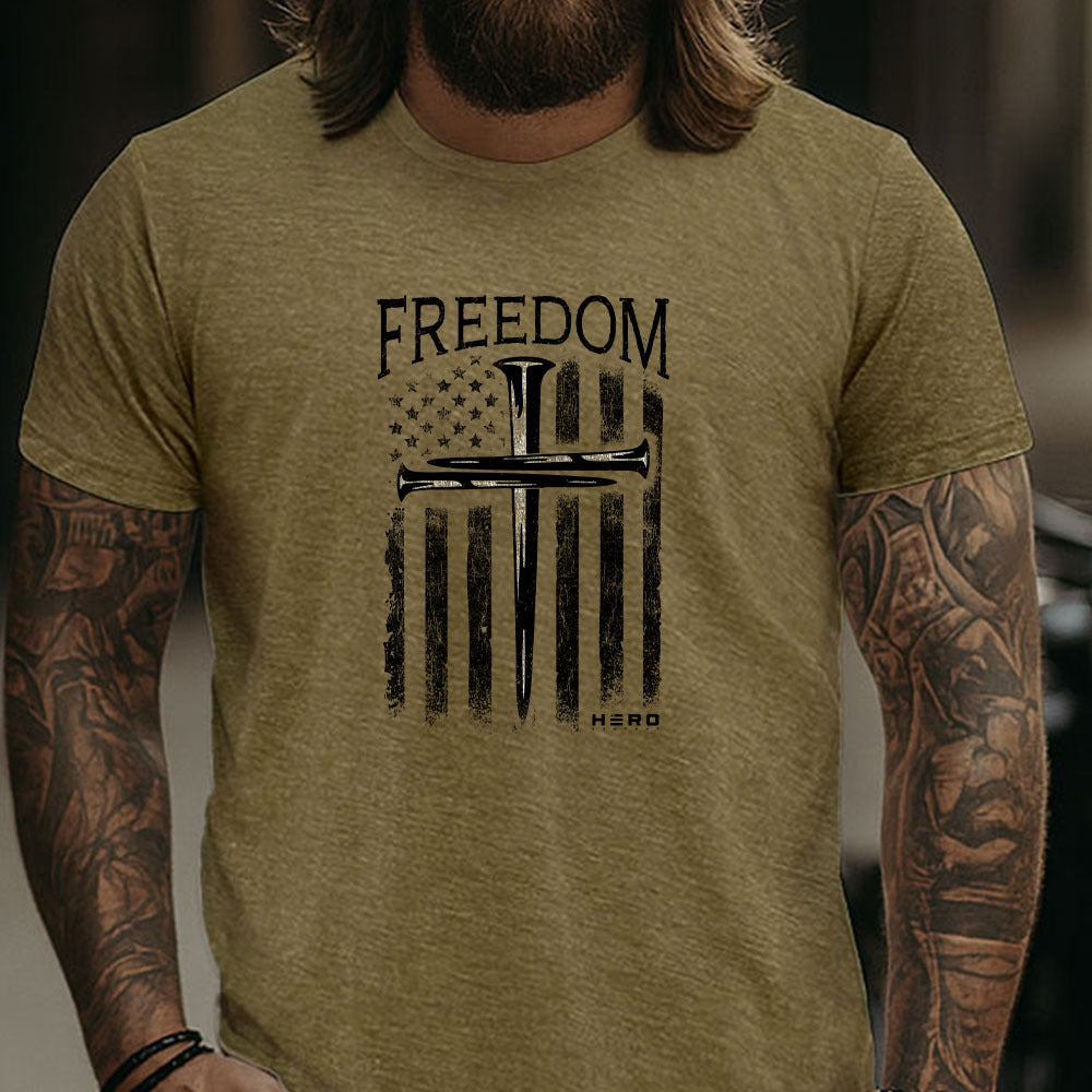 Hero Company Men's Freedom Cross Military Green Tee - Helps Pair Veterans With A Service Dog or Shelter Dog