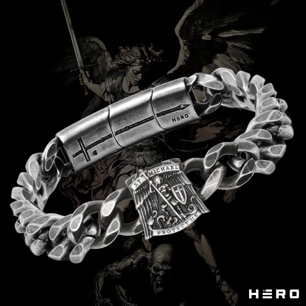 FREE St. Michael's 'Protect Us' Cuban Link Bracelet with Purchase of Saint Michael Defend Us In Battle Tee - Helps Pair Veterans With A Service Dog or Shelter Dog