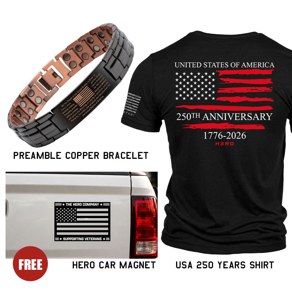 250 YEARS SUPER DEAL!  USA 250th Anniversary Tee, WE THE PEOPLE Preamble Bracelet & FREE Supporting Veterans Flag Car Magnet