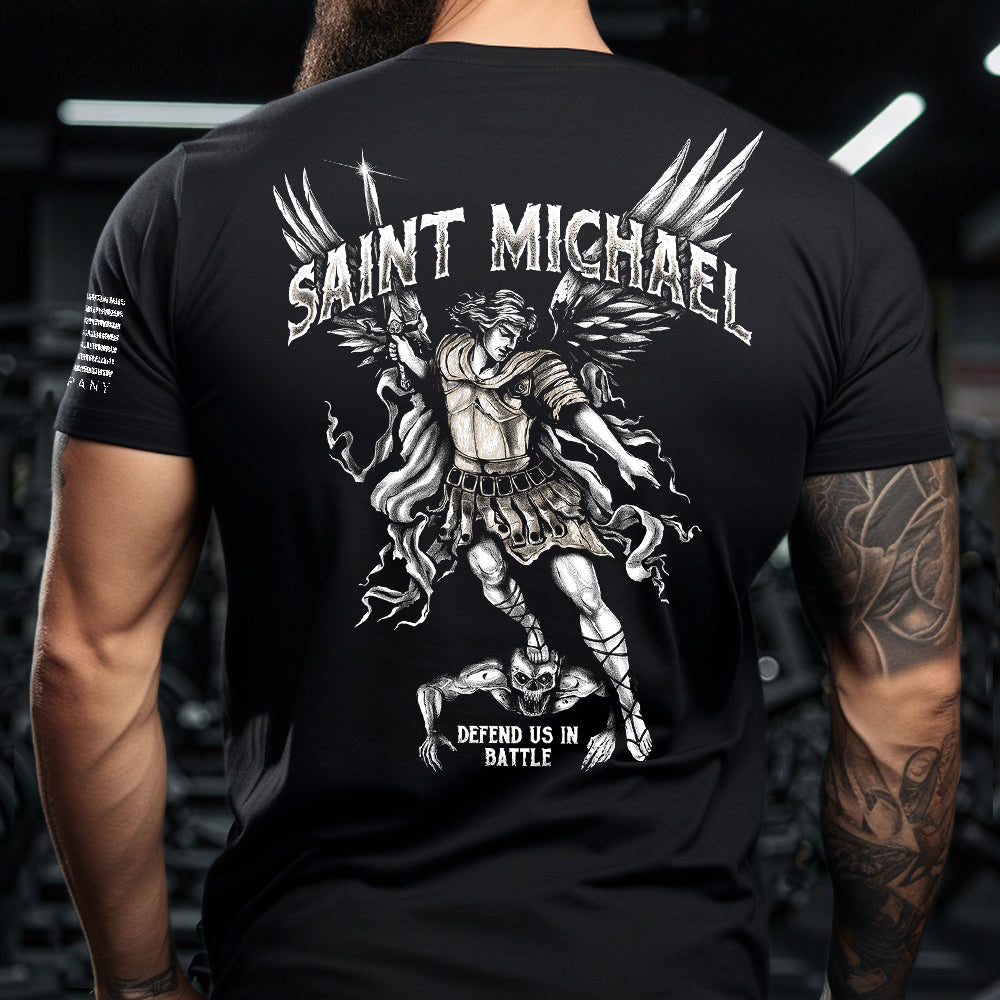 Hero Company Men's Saint Michael Defend Us In Battle Tee - Helps Pair Veterans With A Service Dog or Shelter Dog